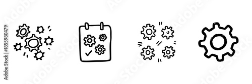 Gears And Calendar Line Icon Set In Doodle Style. Workflow Optimization, Task Management, And Process Automation Outline Sketch Collection. Hand Drawn Isolated Vector Illustration