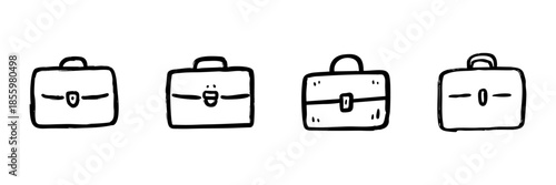 Briefcase Line Icon Set In Doodle Style. Business, Office, And Professional Work Outline Sketch Collection. Hand Drawn Isolated Vector Illustration