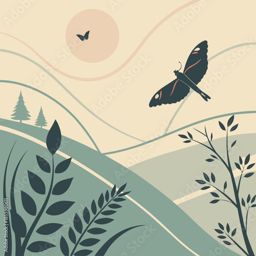 Serene landscape with butterfly