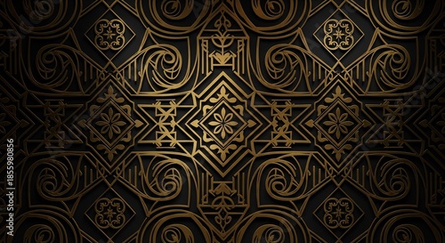 Luxurious Art Deco style metallic gold pattern on black background texture with geometric and curvilinear shapes