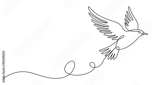 Continuous one line flying bird illustration with wings spread, minimal line art dove symbol of freedom and peace isolated on white