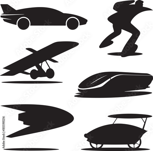 Collection of futuristic and experimental vehicle silhouettes isolated