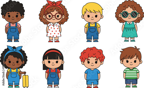 Set of cute diverse children characters in casual outfits including overalls and dresses for school and nursery designs.