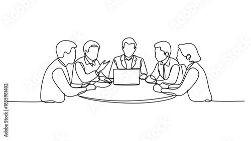 Continuous one line business team meeting illustration with people sitting at table working on laptop, minimal line art teamwork concept
