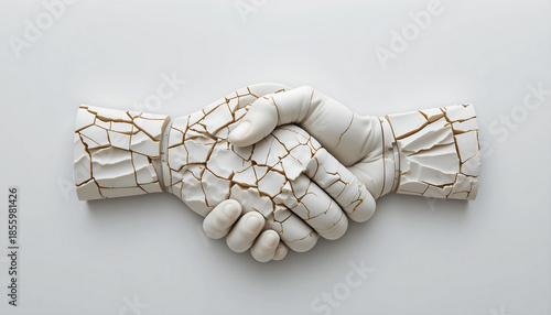 Sculpture of two hands shaking with cracked white surface, symbolizing partnership, agreement, or broken trust on a plain white background.