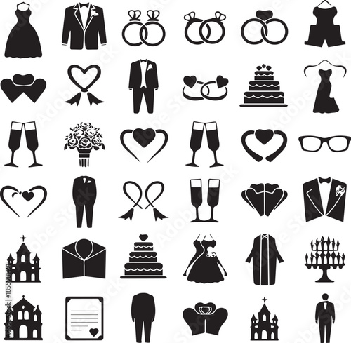 Collection of black wedding icons including dresses suits rings cakes churches and champagne glasses