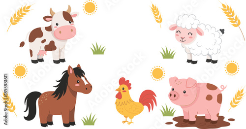 Set of cute hand drawn farm animal characters including cow horse sheep pig goat and rooster for children designs.