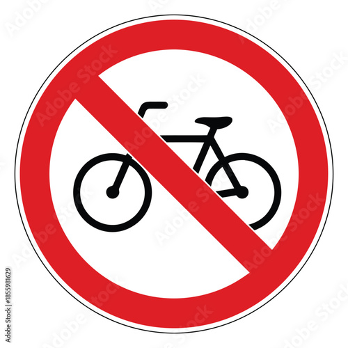 No bicycles allowed traffic sign icon in red circle with diagonal line, prohibited cycling symbol for road safety and regulations