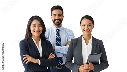 Diverse business team of confident professionals featuring two women and one man, posing happily in corporate attire with a tablet, isolated on transparent background.