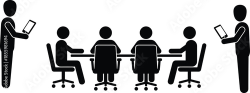 Business meeting silhouettes, team working at conference table, office discussion illustration, digital tablet monitoring, corporate teamwork scene, workplace collaboration icons