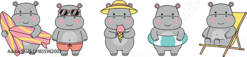 Set of cute hippopotamus characters enjoying summer activities including surfing eating ice cream and relaxing on beach chair.
