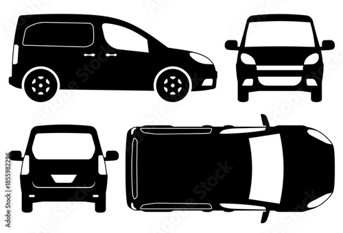 Delivery van silhouette on a white background. Small truck pictogram shown from different angles - side, front, rear, top view