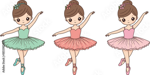 Set of cute little ballerina characters dancing in colorful tutus and ballet shoes isolated on white background.