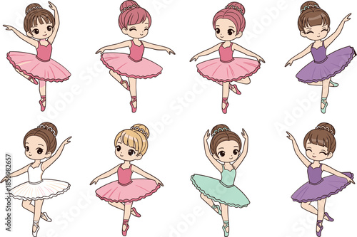 Set of cute little ballerina girl characters dancing in colorful tutus and ballet shoes isolated on white background.