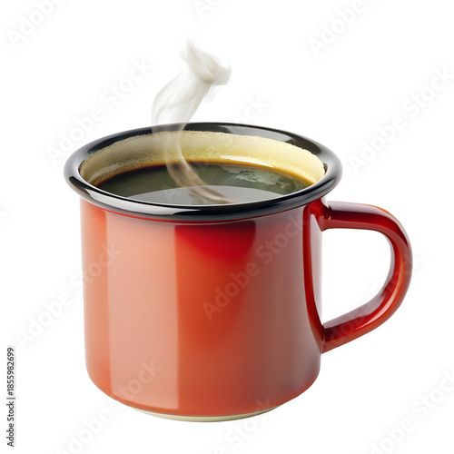 Steaming cup of coffee in red mug