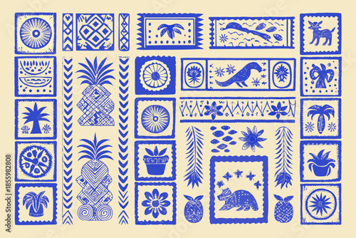 Wallpaper Mural A collection of blue and white patterned stamps depicting tropical motifs Torontodigital.ca
