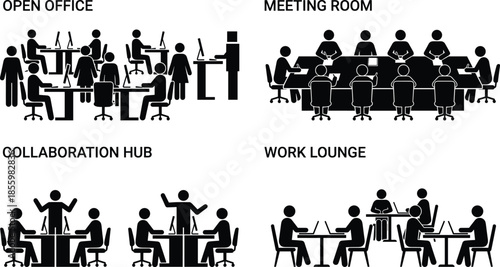 Modern office workspace silhouettes, open office, meeting room, collaboration hub, work lounge illustration, business teamwork, corporate environment, workplace activity icons