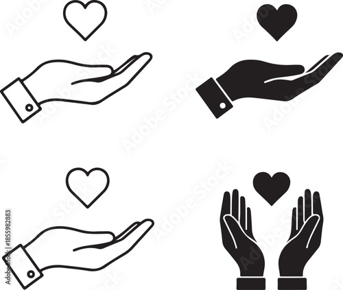 Hands Offering Heart Icons Black and White giving care