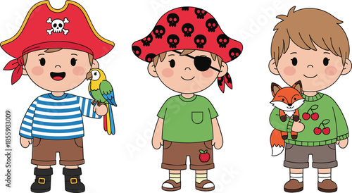 Set of cute little boys dressed as pirates with parrot and a child holding a pet fox character illustrations.