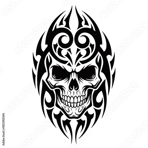 Stylized black and white tribal tattoo design featuring a menacing human skull with intricate flowing patterns.