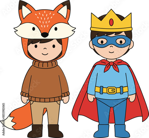 Set of cute little boys dressed in fox costume and superhero outfit with cape for children party designs.