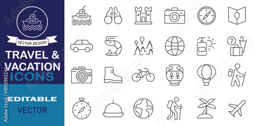 Travel and vacation icon set. Set of 24 line icons related to leisure, travel, entertainment, holiday, journey, tourism and more. Outline icon collection. Vector illustration.
