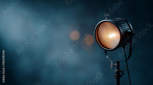 Flash studio strobe on stand ready to use, professional lighting equipment, photography illumination setup, studio light preparation, commercial lighting gear, with copy space