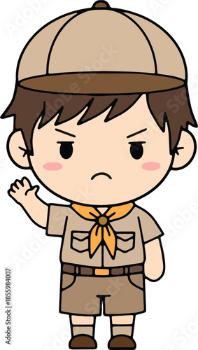 Cute cartoon boy scout looking unhappy and waving