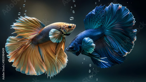 Stunning Betta Fish Duo with Flowing Fins Underwater