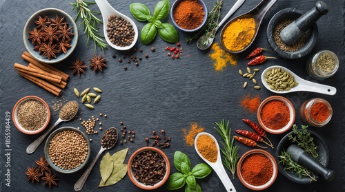 Assorted spices and herbs arranged on a dark slate background with mortar and pestle
