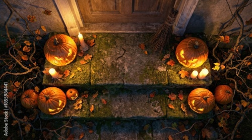 Halloween scene with carved pumpkins, candles, and autumn leaves on a mossy stone path
