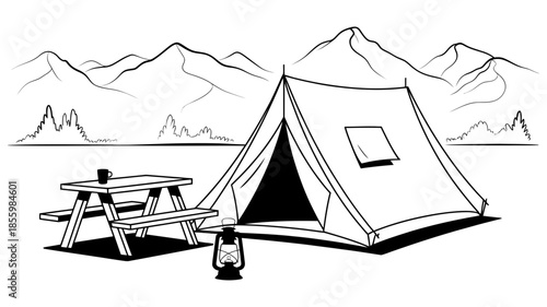 Simple black and white drawing depicting a tent, picnic table, and mountains for outdoor camping.