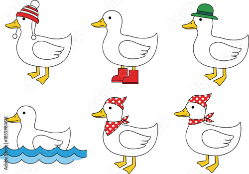 Set of cute white duck characters wearing winter hats boots and polka dot scarves for nursery and children designs.