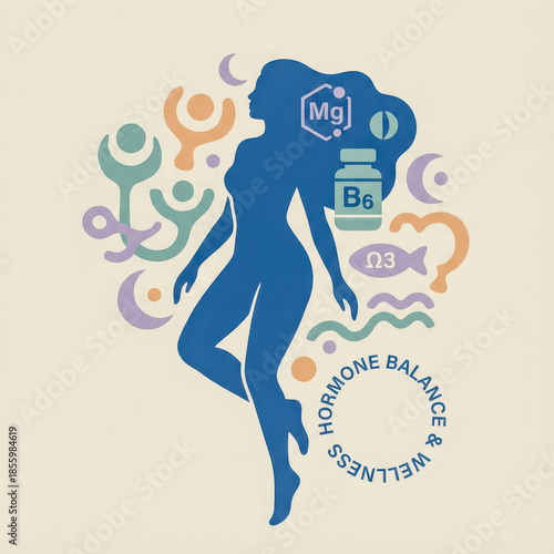 Stylized female silhouette with symbols of vitamins and nutrients representing hormone balance and women wellness. illustration for health education, lifestyle , self care themes. Vector illustration