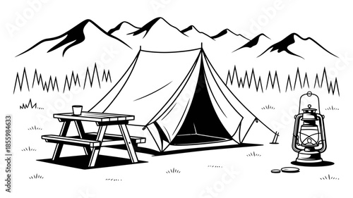 Black and white camping scene illustration with tent, picnic table, and mountains