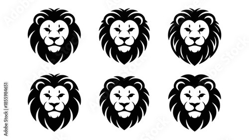 A set of six minimalist black and white lion head logos for design and branding