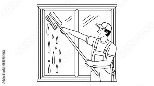 A man cleans a large window with a brush and long handle in a line art illustration.