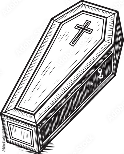 Coffin Hand-drawn Sketch Drawing Vector Illustration, Line Linear Symbol Engraving Coloring Book, Black and White Isolated