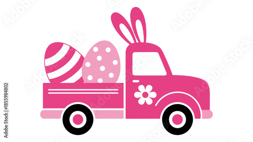 A festive pink pickup truck with bunny ears carries patterned easter eggs for decoration