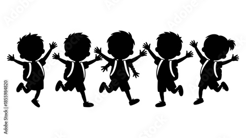 A silhouette illustration of five joyful children running together with backpacks
