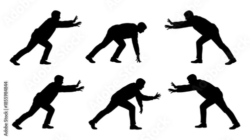 Six black silhouettes of men pushing and straining in various postures