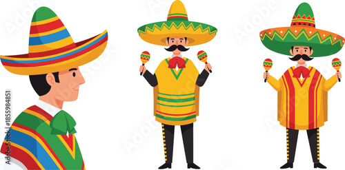 Set of Mexican men characters wearing traditional colorful ponchos and sombreros holding maracas and smiling isolated on white background.
