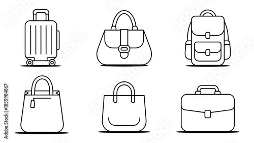 A collection of six line art icons representing different types of bags and luggage