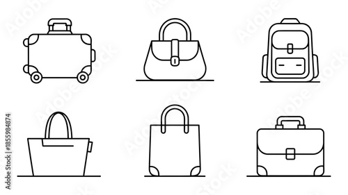 Collection of minimalist outline icons for various bags including luggage, backpack, and briefcase