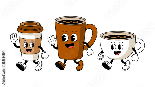 A cheerful trio of animated coffee characters, including a takeaway cup and two mugs, walking happily