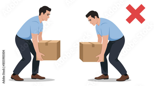 Proper lifting technique versus incorrect lifting method for safe manual handling demonstration