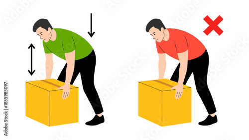 Correct ergonomic posture for safe heavy lifting and avoiding back strain