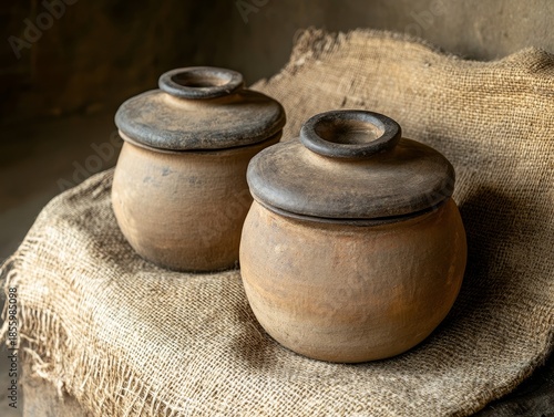 Clay pots with lids sitting on burlap. Simple village life.
