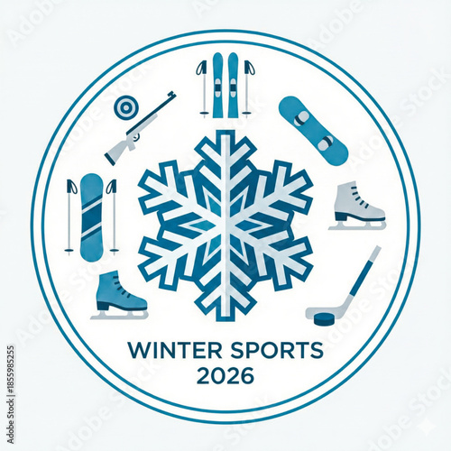 Modern circular winter sports icon set with snowflake and equipment including skis, snowboard, biathlon rifle, skates and hockey stick. Winter 2026 sports event. Vector illustration