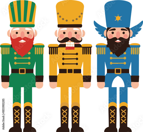 Set of traditional Christmas nutcracker soldier characters wearing colorful uniforms and hats for holiday and festive winter designs.